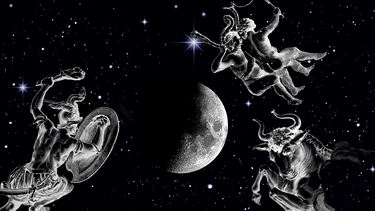 Collage des Mondes mit den Symbolen der Sternbilder Orion, Zwillinge und Stier vor dem Sternenhimmel | Bild: NASA/U.S. Naval Observatory's Library, colourbox.com, BR