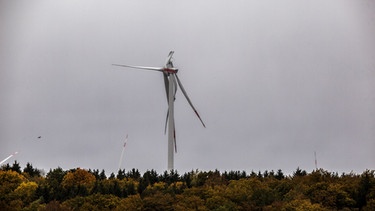 Mit abgerissenen Flügeln ist ein Windrad in einem Waldstück in Baden-Württemberg zu sehen. Die Trümmerteile der Windkraftanlage wurden vom Sturm weggeschleudert.  | Bild: dpa-Bildfunk/Markus Brandhuber