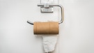 Ein leere Klopapierrolle hängt an einem Toilettenpapierhalter vor weißen Fließen. | Bild: stock.adobe.com/andriano_cz