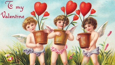 Eine alte Postkarte zum Valentinstag mit drei Engeln, die Herzen in Blumentöpfen anpflanzen. | Bild: picture alliance / Mary Evans Picture Library