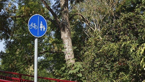 Rote Fußgängerbrücke mit blauem Verkehrsschild Fahrradweg und Fußgängerweg , Brake, Deutschland | Bild: picture alliance | Torsten Krueger