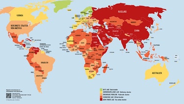 Weltkarte "Pressefreiheit 2022" der Organisation "Reporter ohne Grenzen". Eine interaktive Weltkarte zur Pressefreiheit gibt es unter https://www.reporter-ohne-grenzen.de/weltkarte/#ranglistederpressefreiheit | Bild: Reporter ohne Grenzen 