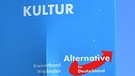 Blaues Wahlplakat des Kreisverbands Wiesbaden mit der Aufschrift: Aus Werksschätzung für unsere Kultur | Bild: picture alliance/dpa/Revierfoto | Revierfoto