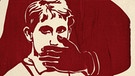 Zeichnung: Eine riesige Schattenhand verbietet einem jungen Mann den Mund | Bild: picture alliance / akg