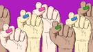 Grafik: hochgereckte, geballte Fäuste mit lackierten Fingernägeln vor lila Hintergrund | Bild: Colourbox
