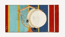 Abstraktes Bild im Querformat mit roten, gelben, türklisen und roten Längststreifen , in der Mitte eine Harfe und ein Tamburin. | Bild: Axel Schneider