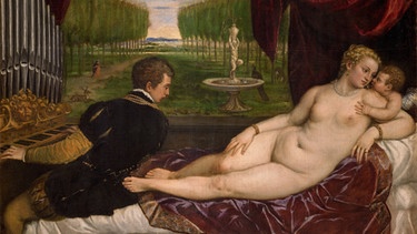 Eine liegende nackte Frau mit Cupido und einem Pianisten, der sie anstarrt | Bild: Foto Archiv Museo Nacional del Prado Madrid