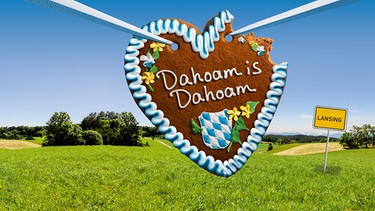 Grüne Wiese mit blauem Himmel. Darüber das Lebkuchenherz zur Serie "Dahoam is Dahoam" sowie daneben das Ortsschild "Lansing". | Bild: BR