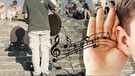 Ohr eines Jungen, aus dem Musiknoten strömen; im Hintergrund ein Straßenmusiker auf einem Stadtplatz | Bild: colourbox.com/Montage: BR