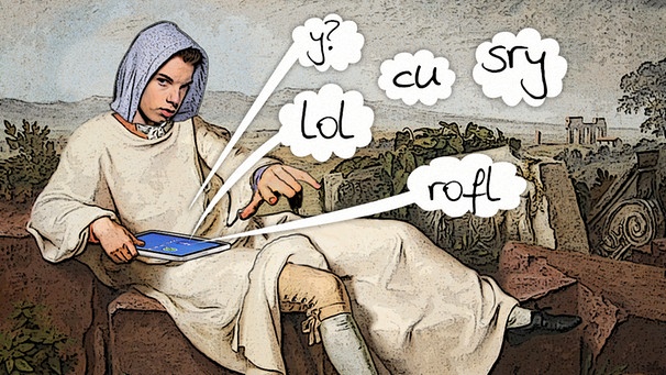 Illustration: Ölgemälde Goethe in der Campagna" mit Kopf eines Jugendlichen, Laptop in der Hand und Chat-Kürzel | Bild: Wikimedia Commons, colourbox.com; BR; Montage: BR
