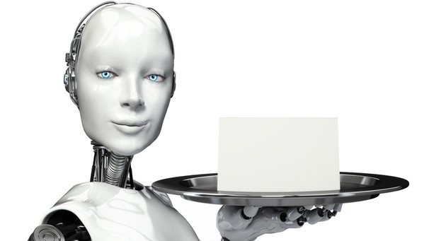 Weiblicher Roboter hält ein Tablett. | Bild: colourbox.com