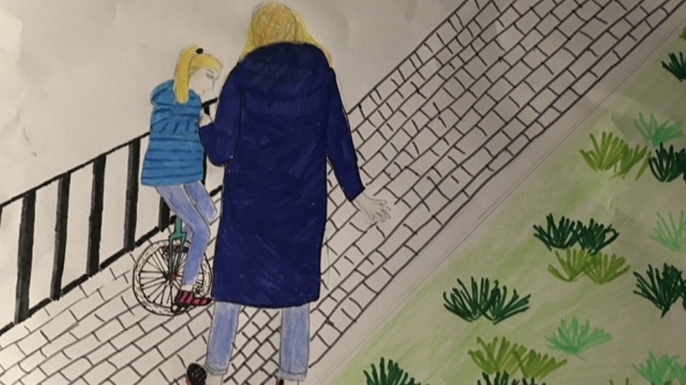 MünchenHören 2021: Zeichnung: Ein Mädchen fährt an der Hand ihrer Mutter Einrad. | Bild: Klasse 5b Maximiliansgymnasium München