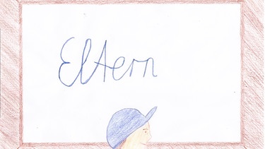 Zeichnung: Ein Bilderrahmen, in dem "Eltern" steht. Davor ein Kind. | Bild: Klasse 5b Maximiliansgymnasium München