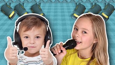 Junge und Mädchen mit Mikrofon vor Scheinwerfer | Bild: colourbox.com, BR, Montage BR