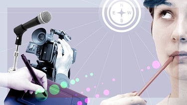 Grafiktablett, Filmkamera und Mikrofon vor einem Kompass | Bild: colourbox.com; Montage: BR/Tanja Begovic