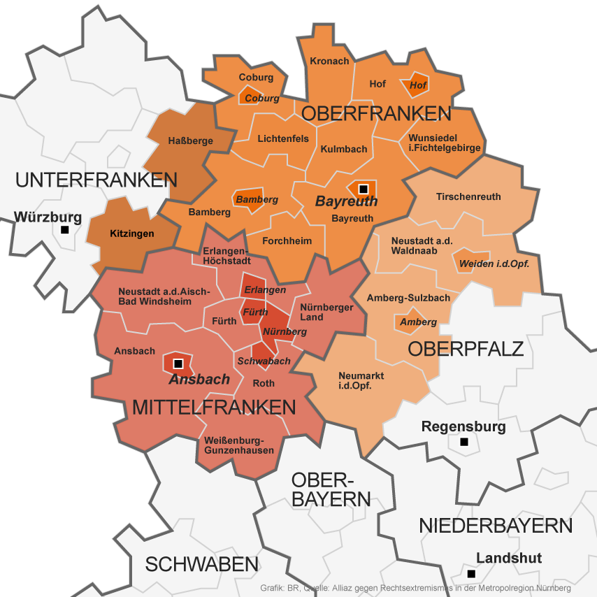 Landkarte aller beteiligter Landkreise an der Allianz gegen Rechtsextremismus in Oberfranken, Mittelfranken, Unterfranken und der Oberpfalz | Bild: BR