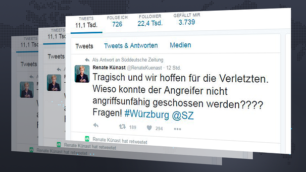 Tweet von Renate Künast zum Amoklauf im Zug bei Würzburg | Bild: Screenshot Twitter; Montage: BR