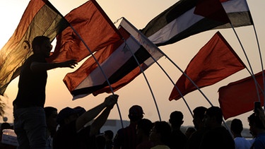 Demonstranten schwenken die Fahnen der am Arabischen Frühling beteiligten Länder | Bild: picture-alliance/dpa
