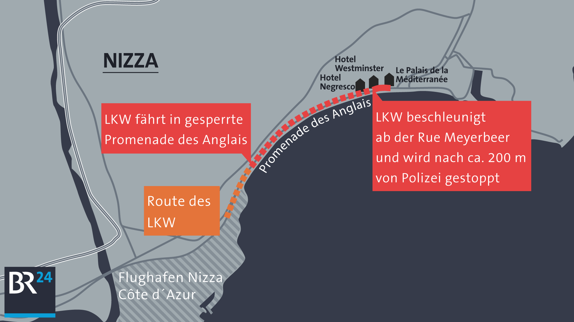 Karte von Nizza mit der Fahrroute des Lkw-Fahrers | Bild: BR; Montage: BR