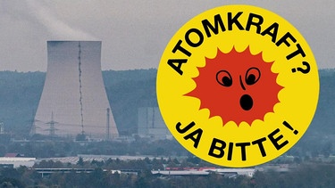 Aufkleber mit einem erstaunten Gesicht auf einer stilisierten Sonne und der Aufschrift "Atomkraft - Ja bitte!" neben einem AKW | Bild: picture-alliance/dpa, Montage: BR