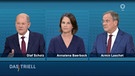 Die Kanzlerkandidaten von Bündnis 90/Die Grünen, CDU und SPD, Baerbock, Laschet und Scholz, in einer TV-Diskussion bei ARD und ZDF. | Bild: dpa Bildfunk