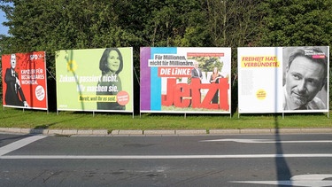 Große Wahlplakate von SPD, Grünen, Die Linke und FDP an einem Straßenrand. | Bild: picture alliance, dpa