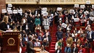 Gegner der Rentenreform von Präsident Macron halten Transparente im französischen Parlament hoch. | Bild: picture alliance/dpa/MAXPPP | Fred Dugit