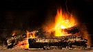 Drei Holzscheite brennen in einer offenen Feuerstelle | Bild: stock.adobe.com/Ксения Рыбка