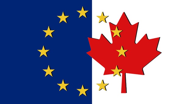 Illustration:  Eu-Flagge, kanadische Flagge grafisch | Bild: Montage: BR