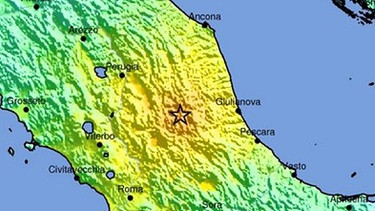 Eine Karte der US-Erdbebenwarte zeigt das Epizentrum des Erdbebens in der Nacht auf den 24. August 2016 in Zentralitalien | Bild: dpa-Bildfunk/UsgsHandou