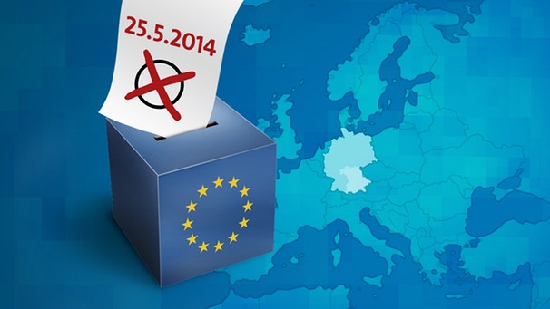 Bildmontage: Eine Wahlurne und ein Wahlkreuz vor der Karte der EU | Bild: BR