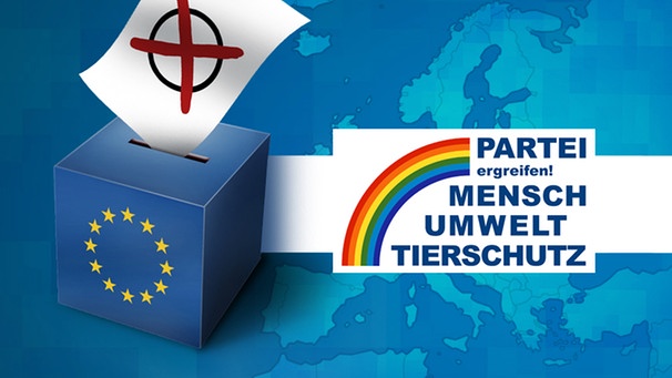 Illustration: Wahlurne mit EU-Logo und Parteilogo "Tierschutzpartei" | Bild: colourbox.com, BR; Montage: BR
