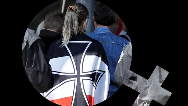Gekipptes Frauenzeichen und Frau mit Reichskriegsflagge auf einer Demonstration | Bild: picture-alliance/dpa; Montage: BR