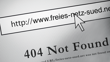 Screenshot mit der Internetadresse "www.freies-netz-sued.net" und darunter eine 404 Fehlermeldung | Bild: colourbox.com; Montage: BR
