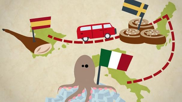 Illustration: Die Umrisse von Spanien mit einem Serrano-Schinken, von Schweden mit Zimtschnecken und von Italien mit einem Tintenfisch, dazwischen Gernstls roter Bus | Bild: BR/Susanne Baur