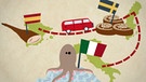 Illustration: Die Umrisse von Spanien mit einem Serrano-Schinken, von Schweden mit Zimtschnecken und von Italien mit einem Tintenfisch, dazwischen Gernstls roter Bus | Bild: BR/Susanne Baur