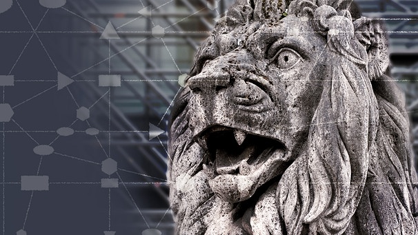 Symbolbild: Das Muster eines Netzwerkes und der bayerische Löwe vor einem Baugerüst | Bild: BR, picture-alliance/dpa, Montage: BR