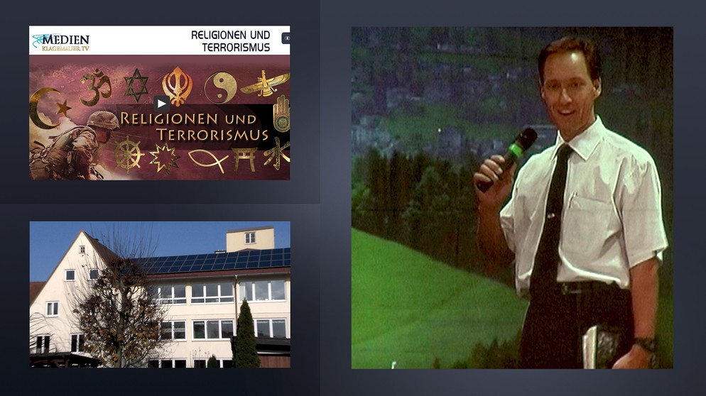 Collage: Ivo Sasek, Screenshot aus der Website von Klagemauer-TV, Gebäude in Mertingen | Bild: Screenshots, BR; Montage: BR