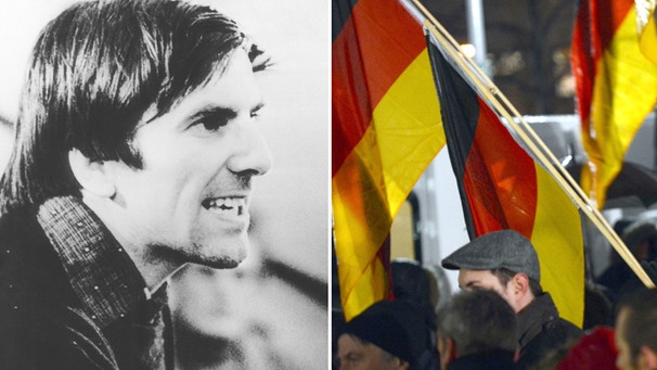 links: Rudi Dutschke, rechts: Deutschlandfahnen auf einer Pegida-Demo | Bild: picture-alliance/dpa