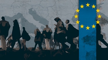 Illustration: Flüchtlinge vor Kartenausschnitt, Symbol: EU-Sterne | Bild: BR
