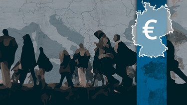 Illustration: Flüchtlinge vor Kartenausschnitt, Symbol: Deuschlandkarte mit Eurozeichen | Bild: BR