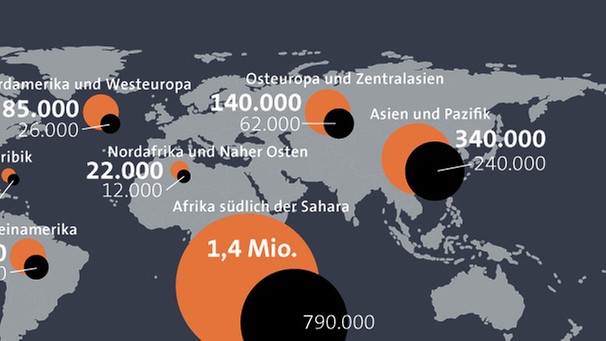Infografik: Weltkarte mit Zahlen zu HIV Infektionen weltweit | Bild: AFP; UNAIDS, Grafik: BR