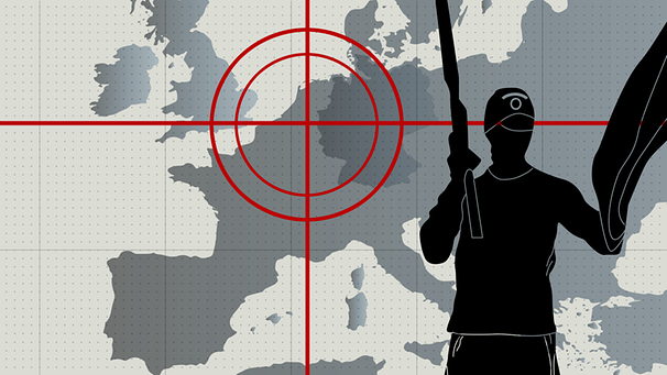 Illu: Europakarte und Schatten eines bewaffneten Kämpfers, Fadenkreuz | Bild: BR