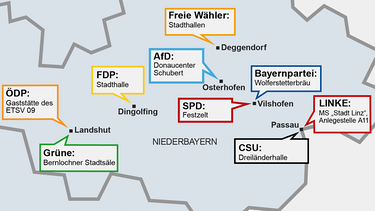 Bayernkarte mit den Veranstaltungsorten der politischen Parteien  | Bild: BR