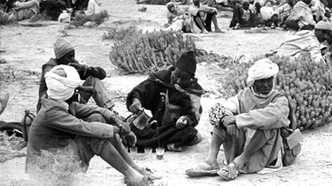 Marokkaner sitzen am 7.11.1975, einen Tag nach der Überquerung der Grenze, bei einer Tasse Tee zusammen. Rund 350.000 marokkanische Zivilisten nahmen am 6.11.1975 - ausgerüstet mit dem Koran und marokkanischen Flaggen - an dem von König Hassan II. initierten "Grünen Marsch" in den Nordem | Bild: picture-alliance/dpa