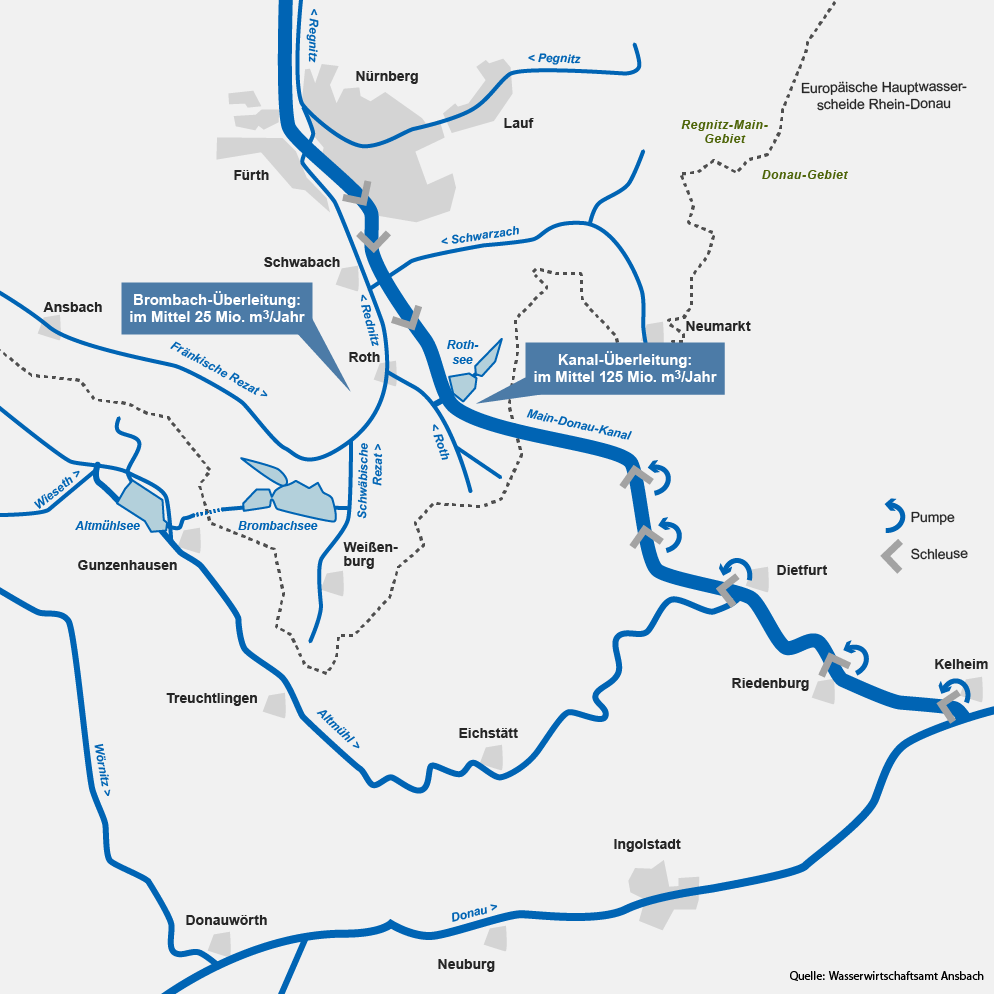 Karte: Wasserwege und -überleitungen bei Nürnberg / Mittelfranken | Bild: BR, Qaelle: Wasserwirtschaftsamt Ansbach