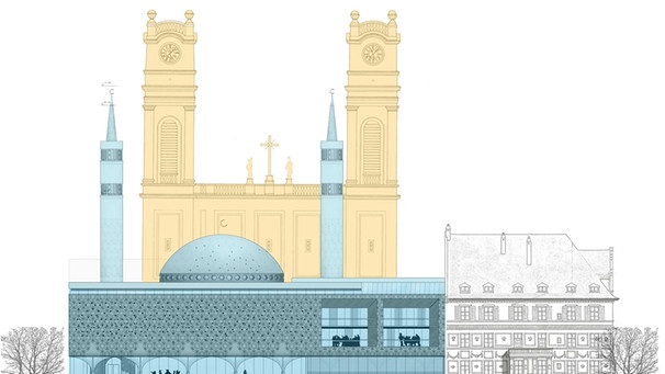 Großenvergleich von geplanter Moschee in München-Sendling und Kirche Sankt Korbinian | Bild: Architekturbüro Walter Höfler