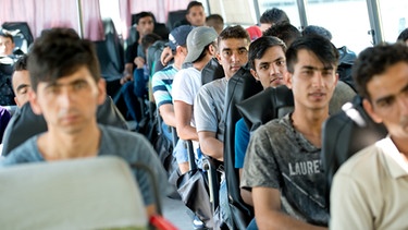 Flüchtlinge aus Afghanistan in einem Bus der Polizei in Passau  | Bild: pa/dpa/Sven Hoppe