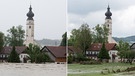 Die Bildkombo zeigt den Kirchturm inmitten des überfluteten Ortskerns in Triftern am 01.06.2016 (links) und nach dem Abfließen des Hochwassers einen Tag später | Bild: pa/dpa/Armin Weigel