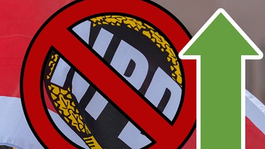 Illustration: NPD-Logo in Verbotsschild neben grünem nach oben zeigendem Pfeil | Bild: picture-alliance/dpa; Montage: BR
